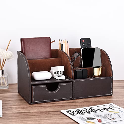 KINGFOM Pu Leather Desk Organizer Pen Pencil Holder Office Supplies Caddy Storage Box 6 Compartments with Drawer Brown - Image 3