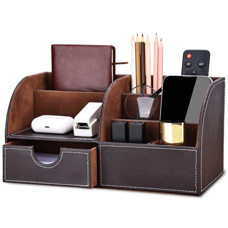 KINGFOM Pu Leather Desk Organizer Pen Pencil Holder Office Supplies Caddy Storage Box 6 Compartments with Drawer Brown - Image 2
