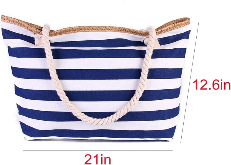 comfrt Large Canvas Striped Beach Bag for Women, Beach Bags Waterproof Sandproof Tote Bags Reusable Grocery Shoulder Bag for Travel - Image 4