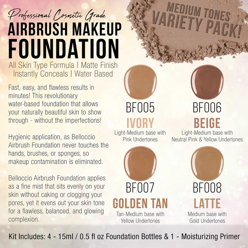 Belloccio Medium Color Shade Foundation Set - Professional Cosmetic Airbrush Makeup in 1/2 oz Bottles - Image 2