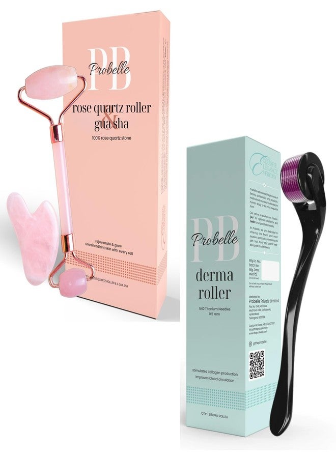 Probelle Glow Boost Bundle | Rose Quartz Roller & Gua Sha | 0.5mm Derma Roller | Facial Massage & Collagen Boosting Skincare Set for Glowing, Youthful Skin - Image 1