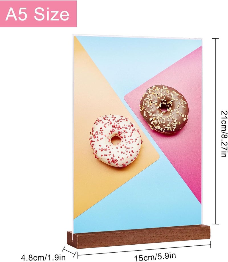 DONGLI A5 Acrylic Sign Holder,(5 Pack)T-Shape Wooden Base Poster Menu Holder,Plastic Display Stands Double Sided for Tables - Image 2