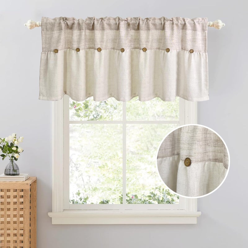 AiFMQQ Farmhouse Boho Linen Button Valance for Kitchen Window Dining Room Rustic Cafe Cotton Valance for Small Windows Bathroom Bedroom Vintage Macrame Valances Rod Pocket 1 Panel (Beige,W39 L20 inch) - Image 2