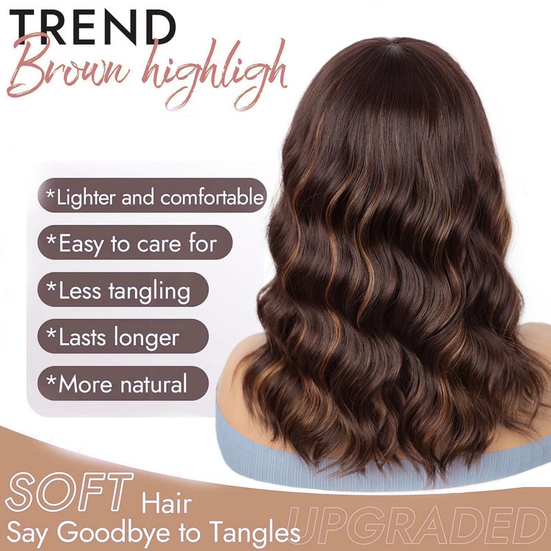 ENTRANCED STYLES Brown Highlight Wig with Bangs for Women Short Wavy Curly Brown Bob Wigs Medium Length 14 inch Synthetic Hair for Daily Party Use - Image 3