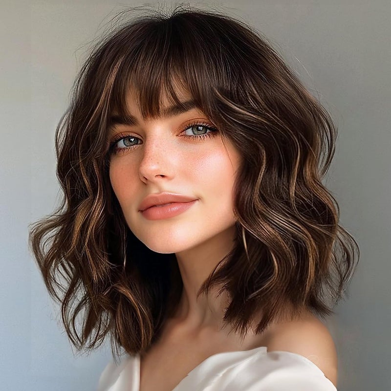 ENTRANCED STYLES Brown Highlight Wig with Bangs for Women Short Wavy Curly Brown Bob Wigs Medium Length 14 inch Synthetic Hair for Daily Party Use - Image 1
