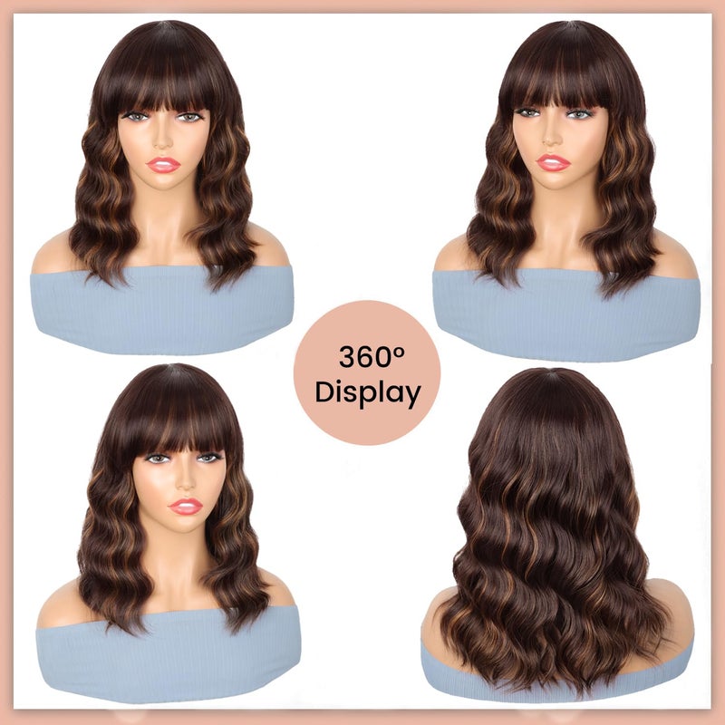 ENTRANCED STYLES Brown Highlight Wig with Bangs for Women Short Wavy Curly Brown Bob Wigs Medium Length 14 inch Synthetic Hair for Daily Party Use - Image 4