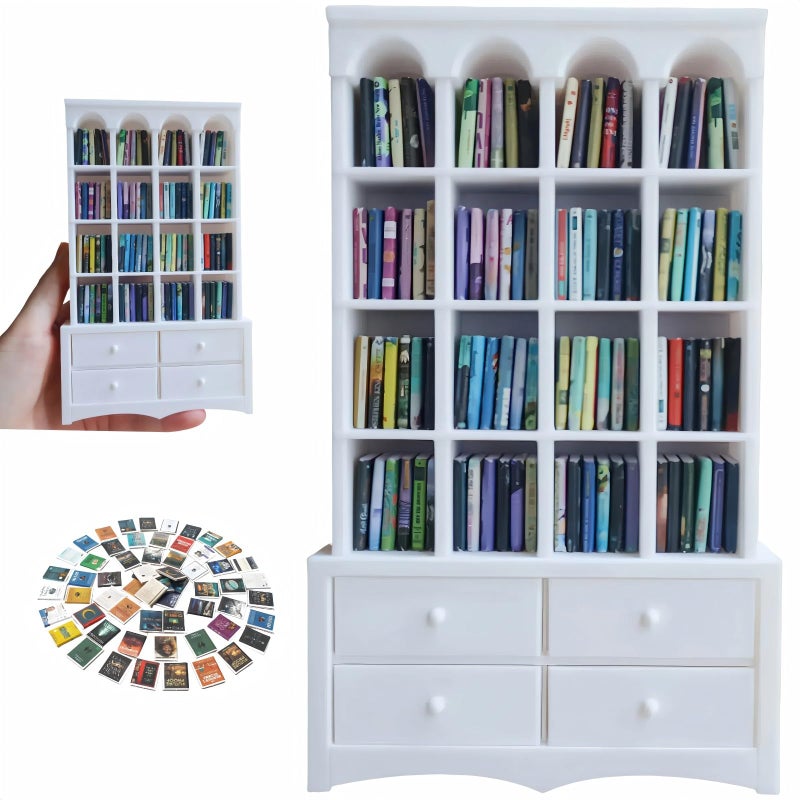 M.Zibos Mini Bookshelf for Anxiety Relief 112 Scale Vintage Bookcase with 4 Drawers 100 Mini Books Dollhouse Desktop DecorWhite - Image 3