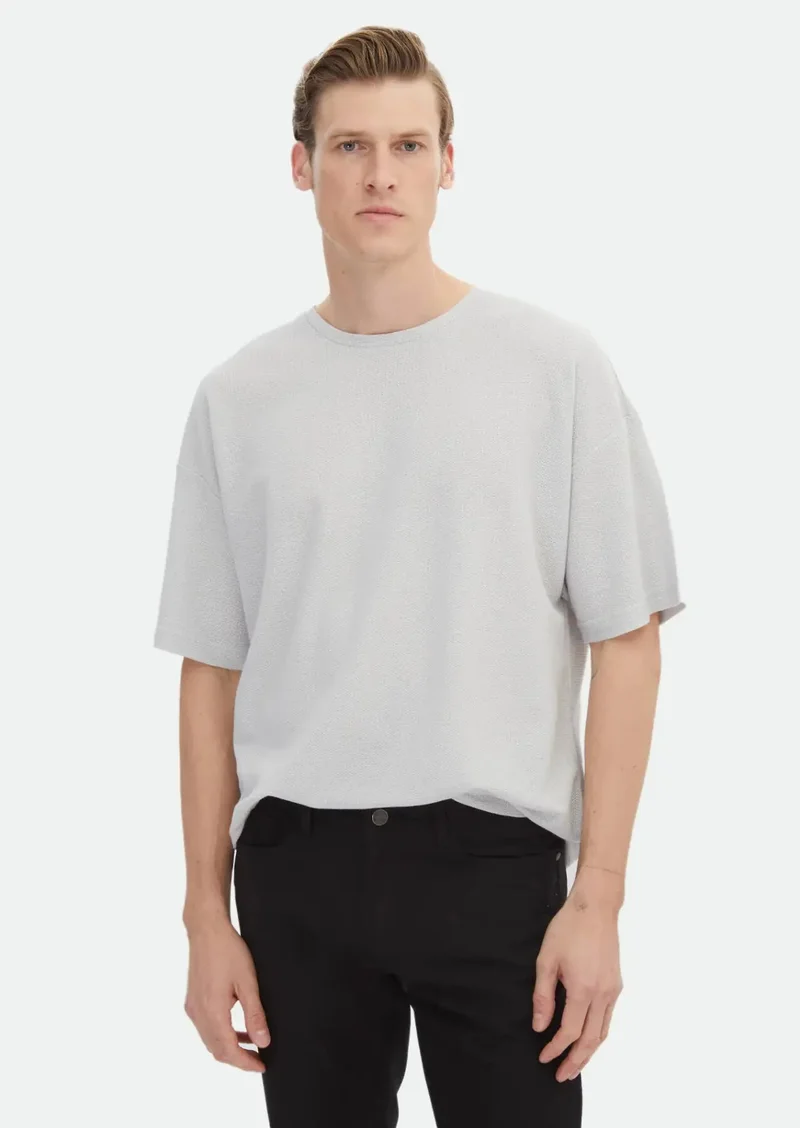 RAMSEY Light Grey Jacquard Crew Neck 100% Cotton T-Shirt