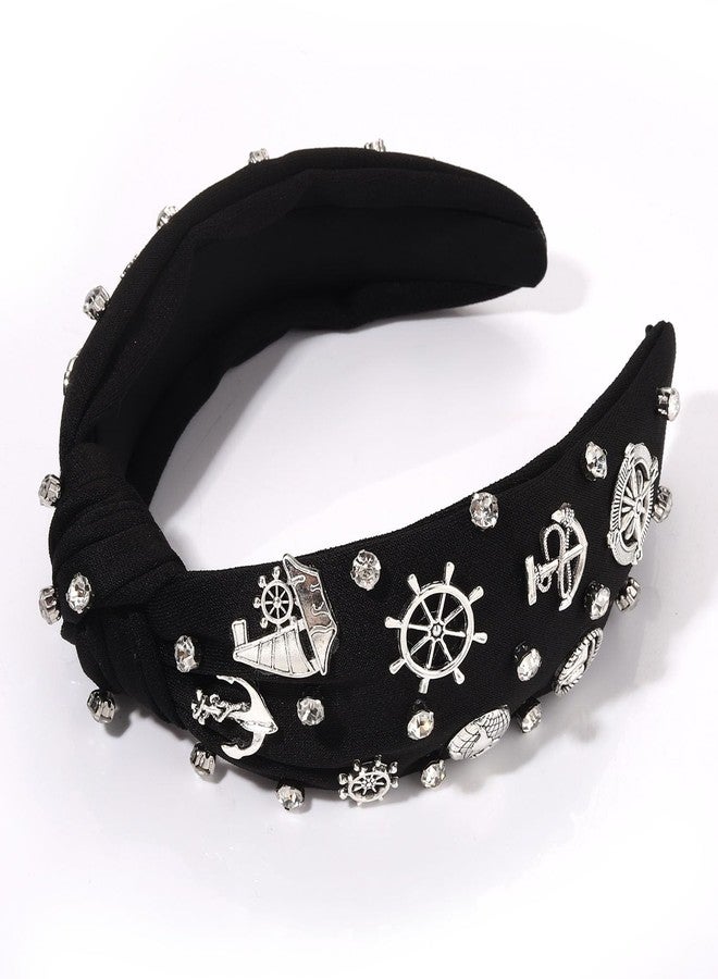HSWE Nautical Headband Ocean Hair Accessories for Women Anchor Ship Wheel Sailboat Knotted Headband Jeweled Crystal Top Knot Hairband Navy Wife Sailor Gifts Summer Beach Outfit Gift - Image 4