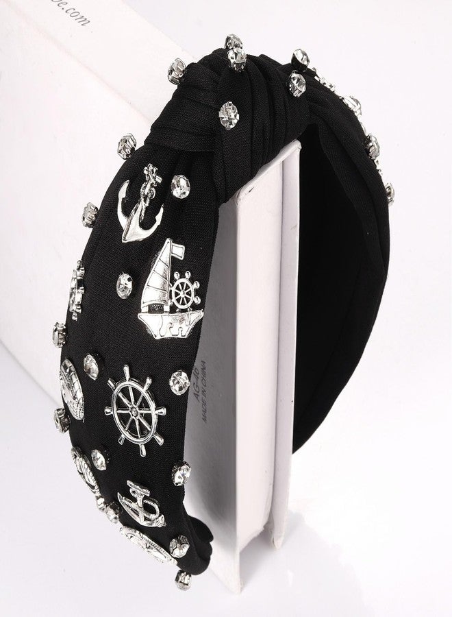HSWE Nautical Headband Ocean Hair Accessories for Women Anchor Ship Wheel Sailboat Knotted Headband Jeweled Crystal Top Knot Hairband Navy Wife Sailor Gifts Summer Beach Outfit Gift - Image 2