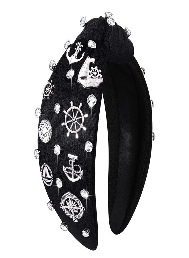HSWE Nautical Headband Ocean Hair Accessories for Women Anchor Ship Wheel Sailboat Knotted Headband Jeweled Crystal Top Knot Hairband Navy Wife Sailor Gifts Summer Beach Outfit Gift - Image 1