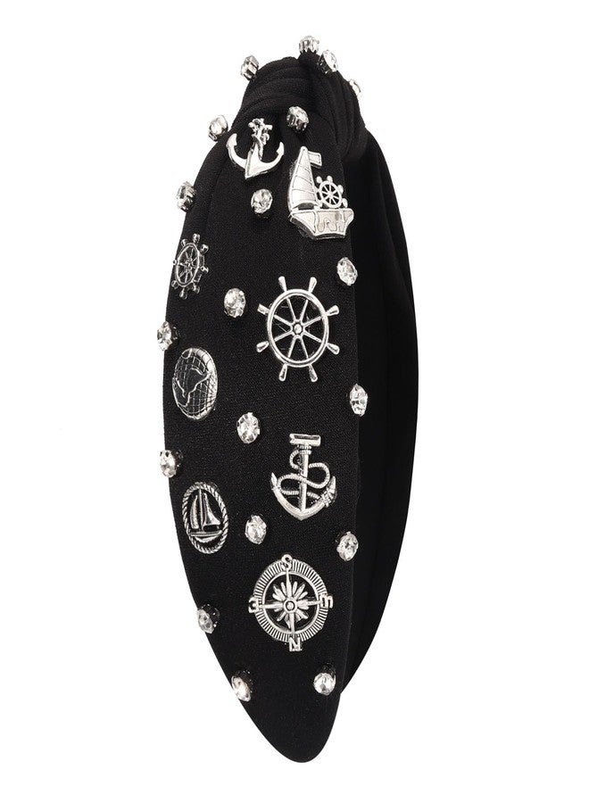 HSWE Nautical Headband Ocean Hair Accessories for Women Anchor Ship Wheel Sailboat Knotted Headband Jeweled Crystal Top Knot Hairband Navy Wife Sailor Gifts Summer Beach Outfit Gift - Image 5
