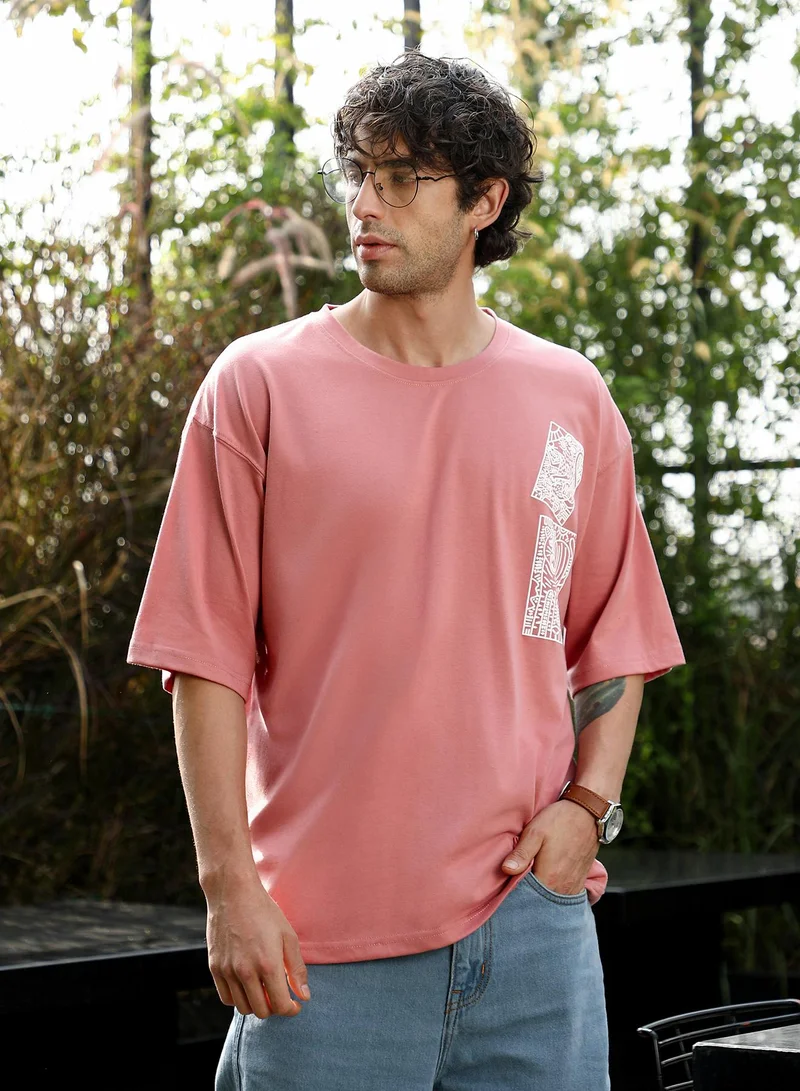 Campus Sutra Men's Mauve Pink Animal-Farm Imprint Oversized T-Shirt