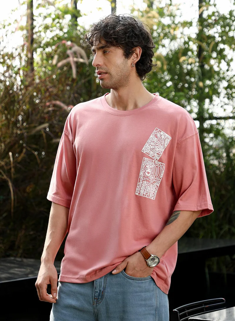 CAHOOT  Men's Mauve Pink Animal-Farm Imprint Oversized T-Shirt for Men | Best Price UAE