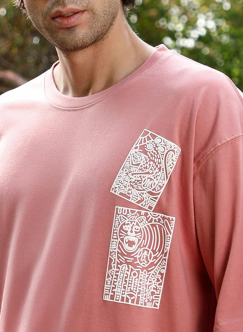 CAHOOT  Men's Mauve Pink Animal-Farm Imprint Oversized T-Shirt for Men | Best Price UAE