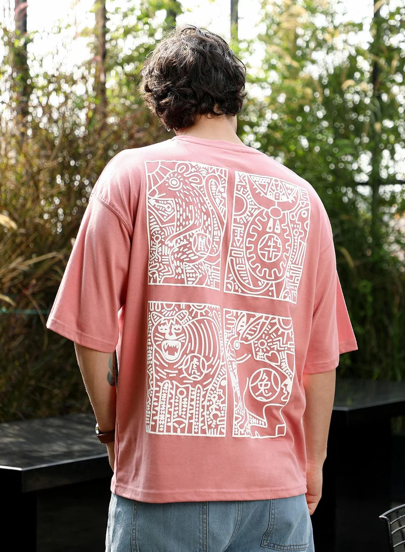 CAHOOT  Men's Mauve Pink Animal-Farm Imprint Oversized T-Shirt for Men | Best Price UAE