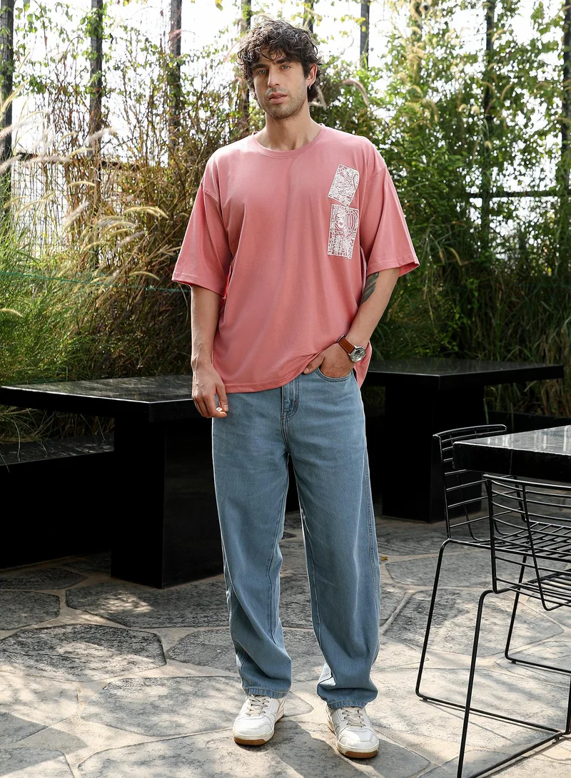 CAHOOT  Men's Mauve Pink Animal-Farm Imprint Oversized T-Shirt for Men | Best Price UAE