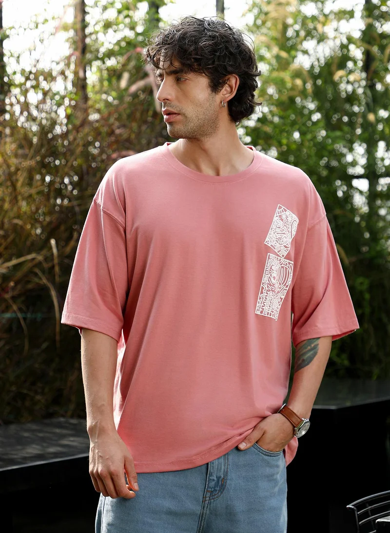 Campus Sutra Men's Mauve Pink Animal-Farm Imprint Oversized T-Shirt