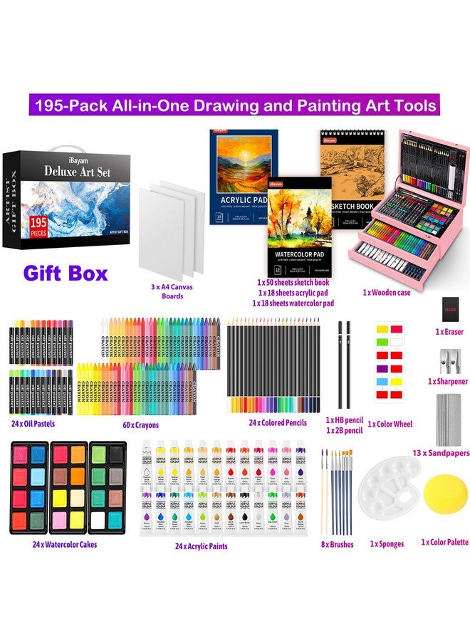 آي بايام مجموعة فنية فاخرة من iBayam، صندوق هدايا فني مكون من 195 قطعة، مجموعة رسم فنية وحرفية، لوازم فنية للكبار والأطفال، مجموعة ألوان فنية مع 24 لونًا أكريليك، دفتر رسم، قماش، أقلام تلوين، أقلام رصاص - Image 2