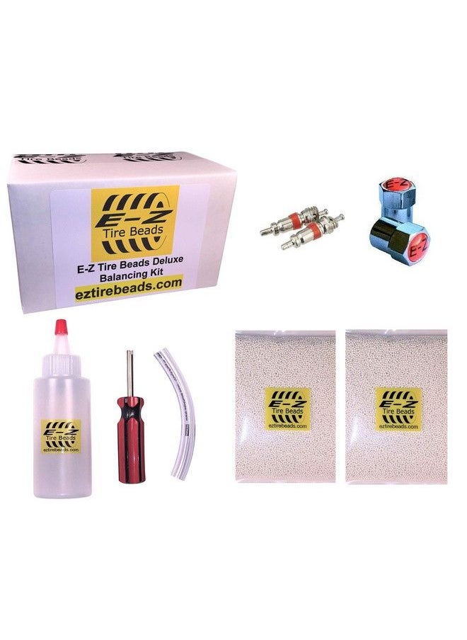 E-Z Tire Beads - Deluxe Motorcycle Kit Ceramic Dynamic Balancing 2 Oz Front + 3 Oz Rear Balance Beads (5 Total) Applicator Kit Chrome Caps Valve Cores - Image 1
