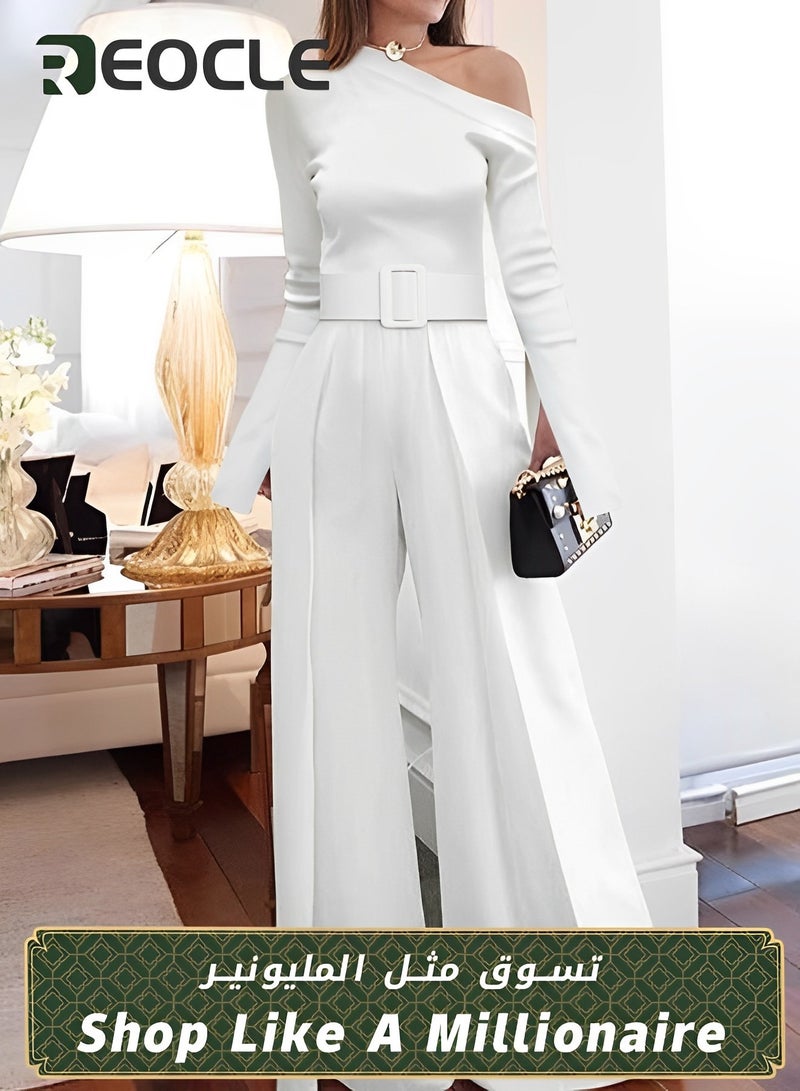REOCLE Casual Wide-leg Pants New Women's Long-sleeved One-piece Slim Fit One-shoulder Wide Belt Design Wide Wide Legs  - Image 1