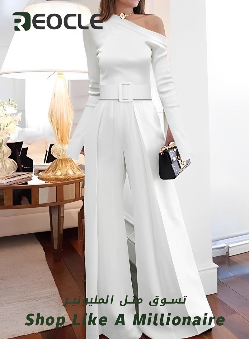 REOCLE Casual Wide-leg Pants New Women's Long-sleeved One-piece Slim Fit One-shoulder Wide Belt Design Wide Wide Legs  - Image 2