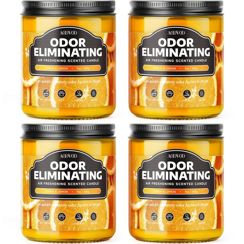 AOOVOO 4 Pack Citrus Lemon Odor Eliminating Highly Fragranced Candle - Eliminates 95% of Pet, Smoke, Food, and Other Smells Quickly, Non Toxic Air Freshing Soy Candle - Image 1