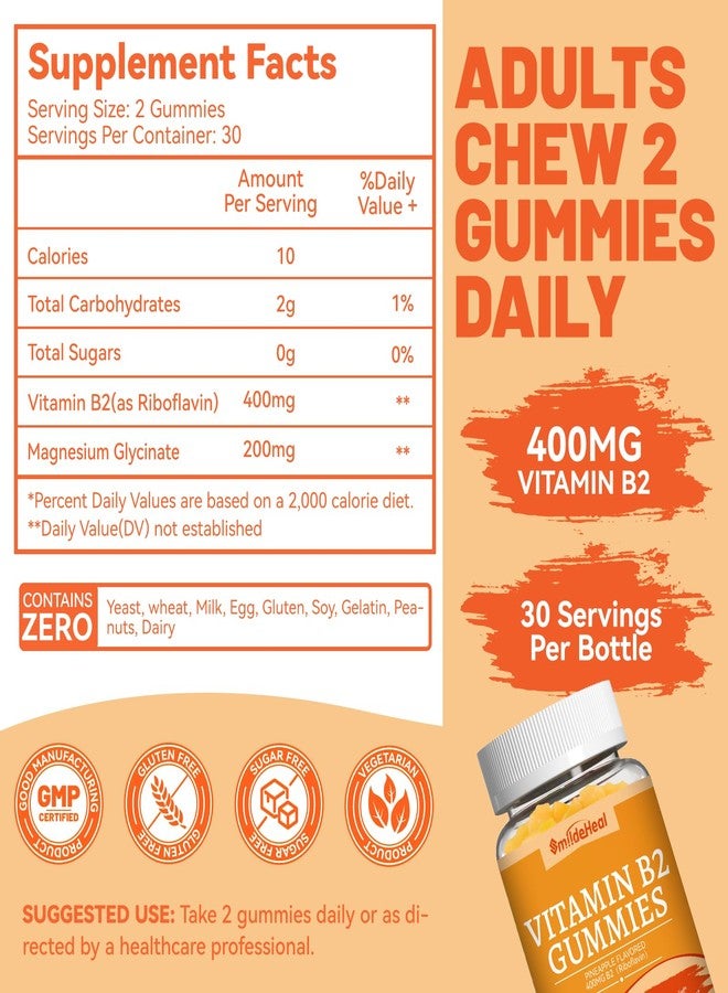 SmildeHeal Vitamin B2 Gummies,Riboflavin 400mg Supplement with Magnesium for Adults,B2 Gummies for Migraine Relief* & Nervous System Support*,Vegan - 60 Counts - Image 2