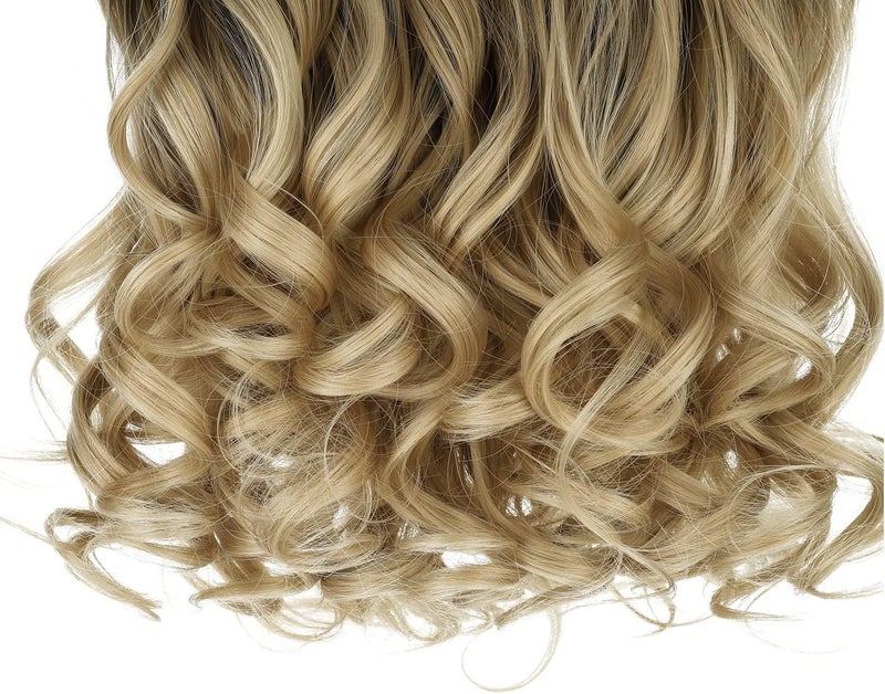 REECHO 20" 1-pack 3/4 Ombre Full Head Curly Wave Clips in on Synthetic Hair Extensions Hair pieces for Women 5 Clips 4.5 Oz Per Piece - Ombre Light Brown to Dirty Blonde - Image 4