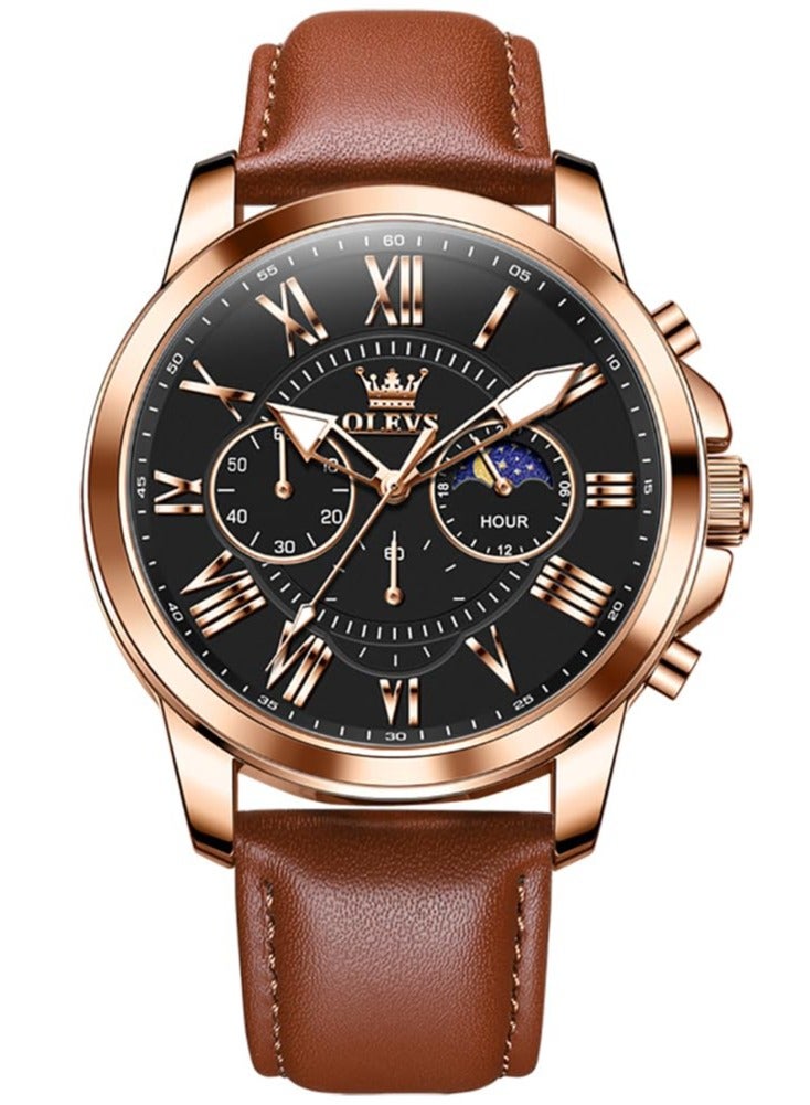 OLEVS Men's Leather Strap Analog Quartz Watch Fashion Large Dial Date Waterproof Formal Luxury Luminous Watch 3632 - Image 1