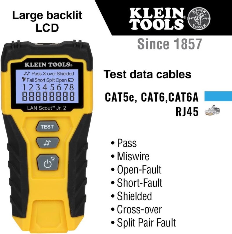 Klein Tools VDV526-200 Cable Tester, LAN Scout Jr. 2 Ethernet Cable Tester for CAT 5e, CAT 6/6A Cables with RJ45 Connections, Black,Yellow, One Size - Image 1