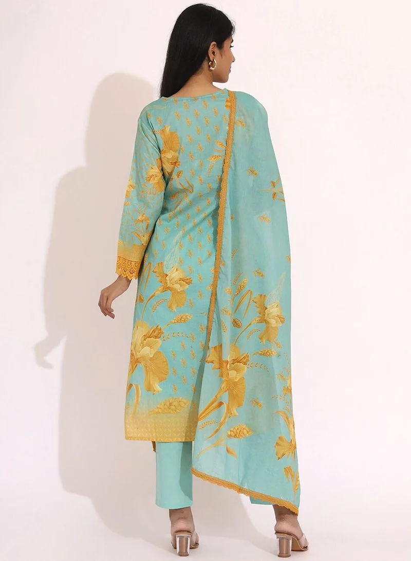 ISHIN Women's Multicolour 100% Cotton Embellished Regular Fit Kurta Set