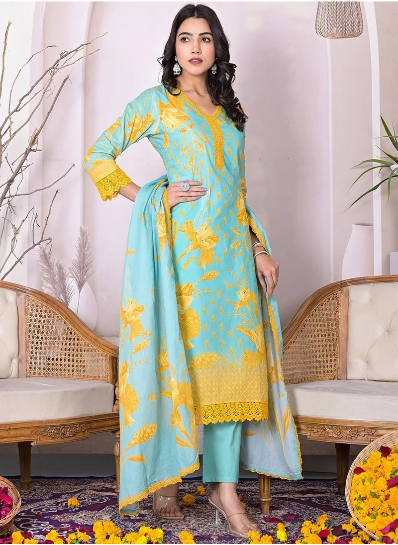 ISHIN Regular Fit Embellished Pattern Round Neck Neck Three-Quarter Sleeve Multicolour Colour Knitted Cotton Kurta Set for Women with Mid-Rise Closure - Perfect for your Festive Celebrations