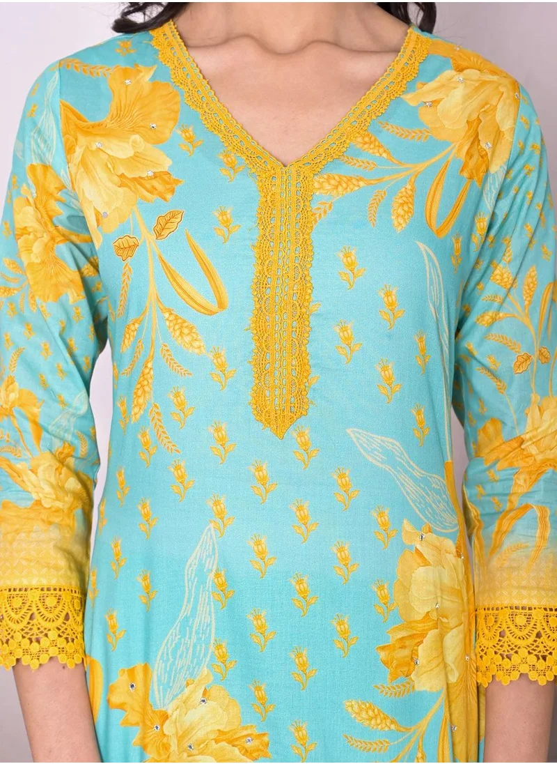 ISHIN Regular Fit Embellished Pattern Round Neck Neck Three-Quarter Sleeve Multicolour Colour Knitted Cotton Kurta Set for Women with Mid-Rise Closure - Perfect for your Festive Celebrations