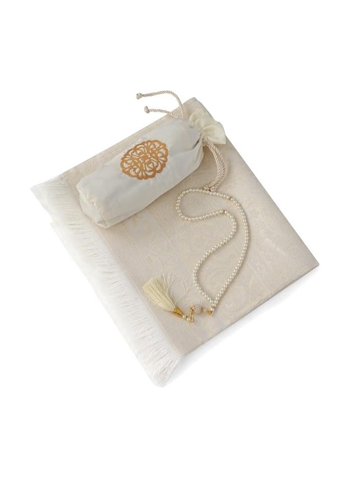 Prayer Rug - Muslim Prayer Rug - Prayer Mat Travel Bag and Prayer Beads - Muslim Gifts for Men Women and Kids (Ecru)