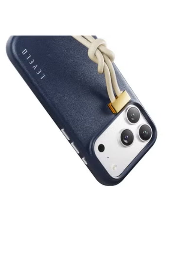 ليفيلو جراب iPhone 17 Pro Polaris مصنوع من جلد البولي يوريثان مع مصد مقاوم للصدمات وحواف مرتفعة للكاميرا والشاشة / مع حزام معصم مدمج / غطاء خلفي مبطن داخليًا من الألياف الدقيقة - أزرق داكن - Image 4