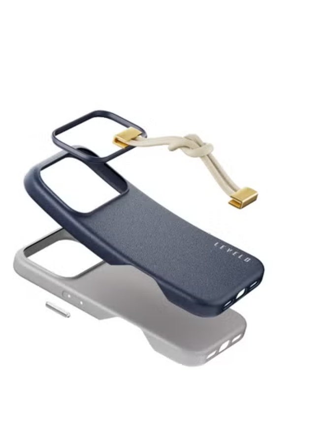 ليفيلو جراب iPhone 17 Pro Polaris مصنوع من جلد البولي يوريثان مع مصد مقاوم للصدمات وحواف مرتفعة للكاميرا والشاشة / مع حزام معصم مدمج / غطاء خلفي مبطن داخليًا من الألياف الدقيقة - أزرق داكن - Image 5