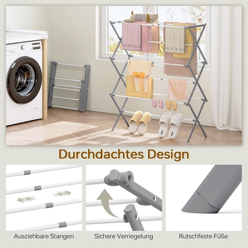 KINGBOARD Clothes Drying Rack, Collapsible Drying Rack Clothing with 11 Poles, 3-Tier Laundry Drying Rack, Small Clothes Drying Rack Foldable for Baby Clothes, 25lb Capacity, White & Grey - Image 4