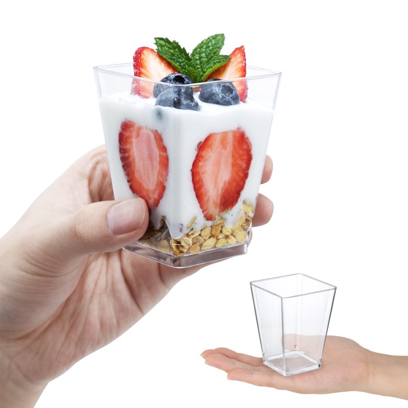 SHOPDAY 5 oz Plastic Dessert Cups with Lids 100 Pack Small Clear Square Parfait Cups with Spoons  Mini Plastic Tumbler Serving Cups for Tasting Party Appetizers Mousse Yogurt - Image 3