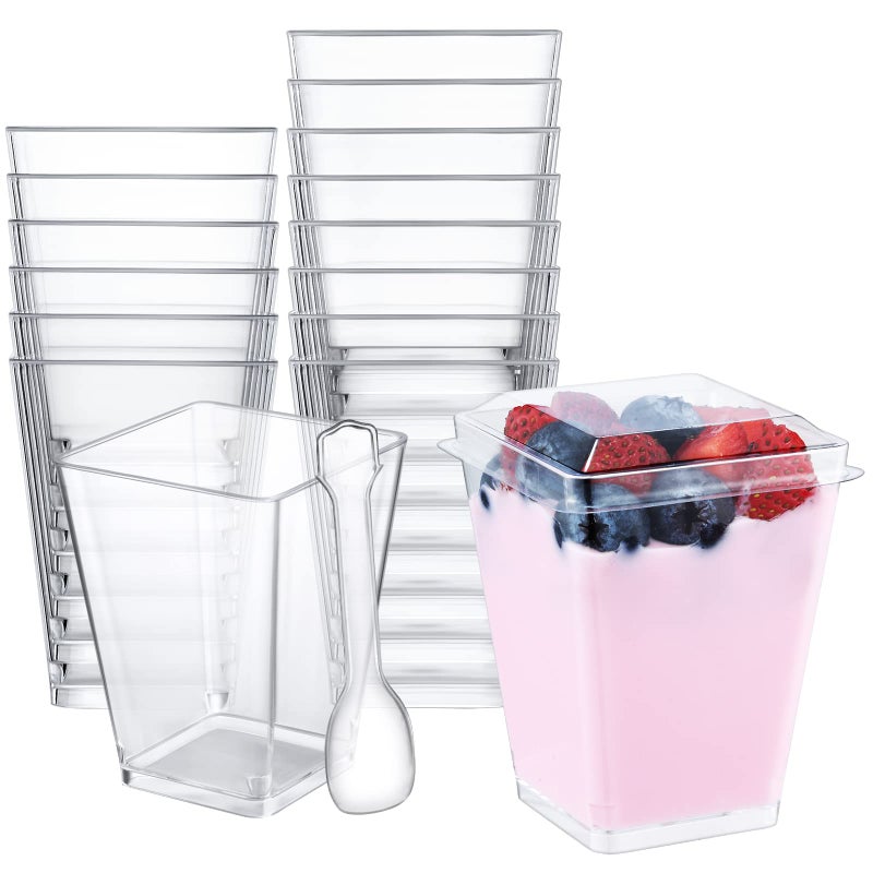 SHOPDAY 5 oz Plastic Dessert Cups with Lids 100 Pack Small Clear Square Parfait Cups with Spoons  Mini Plastic Tumbler Serving Cups for Tasting Party Appetizers Mousse Yogurt - Image 1