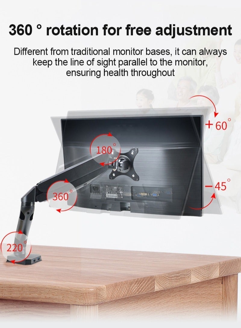 FlashHawk Single Monitor Mount, Gas Spring Monitor Arm for 17-27 inch Screens, Adjustable Computer Monitor Stand up to 9kg, with Clamp and Grommet Base, Mounting Holes 75 and 100mm, Black - Image 4