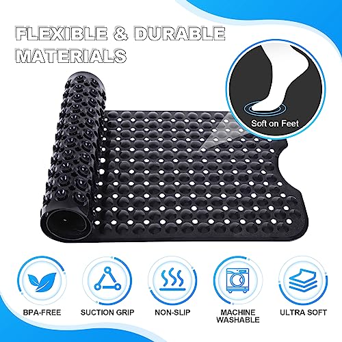 Linoows حصائر حوض الاستحمام والدش من لينووس، 40x16 بوصة حصيرة استحمام كبيرة جدًا غير قابلة للانزلاق ناعمة مع أكواب شفط وفتحات تصريف لحمام الأرضية والحفاظ على نظافة الأحواض، قابلة للغسل في الغسالة، سوداء - Image 5