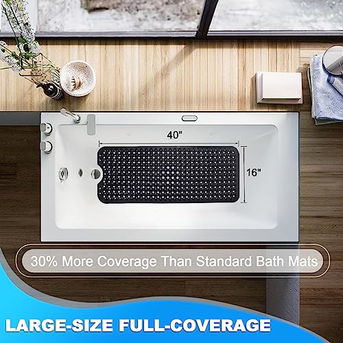 Linoows حصائر حوض الاستحمام والدش من لينووس، 40x16 بوصة حصيرة استحمام كبيرة جدًا غير قابلة للانزلاق ناعمة مع أكواب شفط وفتحات تصريف لحمام الأرضية والحفاظ على نظافة الأحواض، قابلة للغسل في الغسالة، سوداء - Image 4