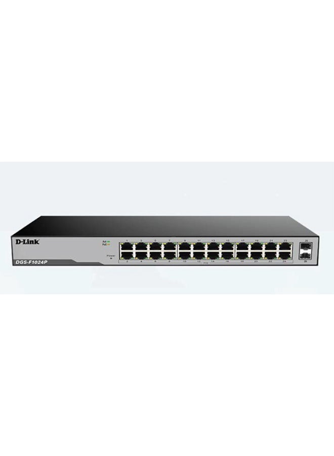 D-Link 24-Port 10/100/1000 Mbps Unmanaged PoE Switch with 2 SFP Ports, 52 Gbps Switching Capacity, LED Power Indicator, 250 Watts, DGS-F1024P Black/Grey - Image 1