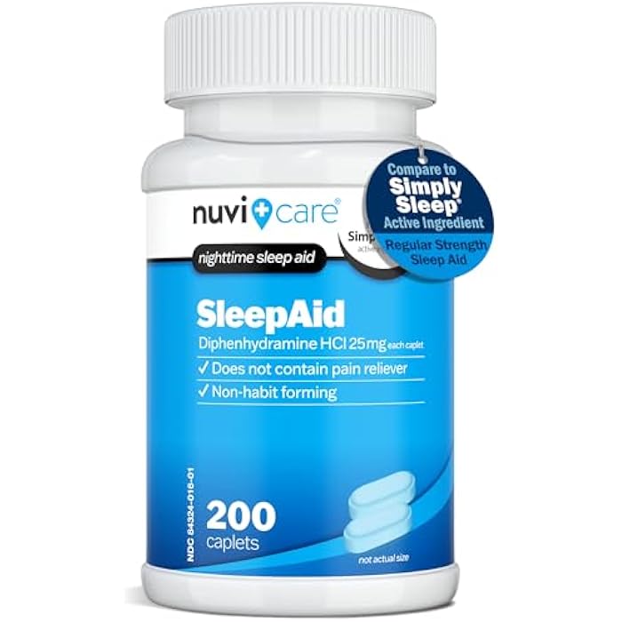 NUVICARE مساعد النوم الليلي مع ديفينهيدرامين HCl 25 ملغ - أقراص نوم منتظمة القوة غير المسببة للإدمان للبالغين - لا تحتوي على مسكنات للألم - مساعدات النوم بدون وصفة طبية للبالغين (200 قرص)  - Image 1