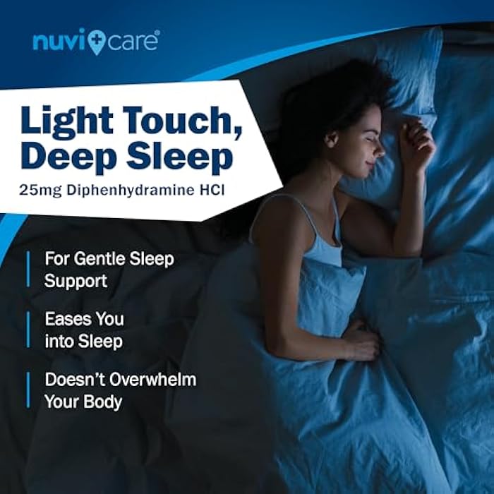 NUVICARE مساعد النوم الليلي مع ديفينهيدرامين HCl 25 ملغ - أقراص نوم منتظمة القوة غير المسببة للإدمان للبالغين - لا تحتوي على مسكنات للألم - مساعدات النوم بدون وصفة طبية للبالغين (200 قرص)  - Image 4