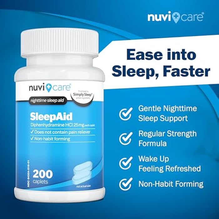 NUVICARE مساعد النوم الليلي مع ديفينهيدرامين HCl 25 ملغ - أقراص نوم منتظمة القوة غير المسببة للإدمان للبالغين - لا تحتوي على مسكنات للألم - مساعدات النوم بدون وصفة طبية للبالغين (200 قرص)  - Image 2