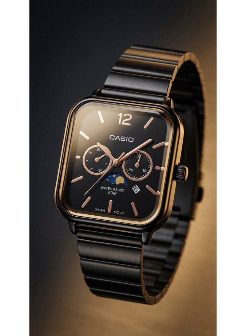 Casio Men's Analog Multi-Function Watch Black Dial Stainless Steel Bracelet Water Resistant 50M