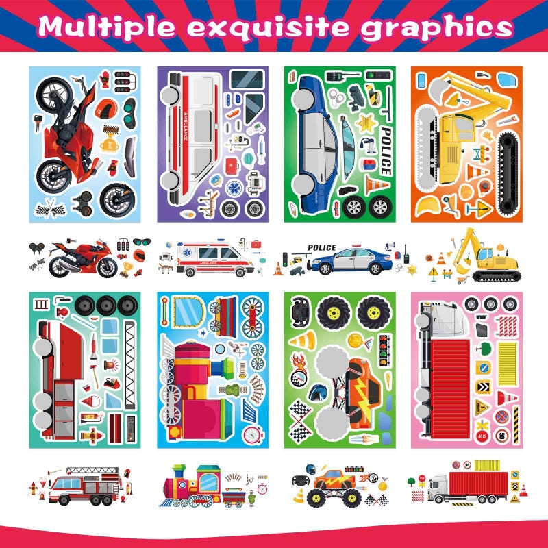 DUJAA 24 Sheets Vehicle Stickers for Kids, Make Your Own Police Car, Ambulance, Truck, Train, Motorcycles Engineering Vehicle Stickers for Toddlers, Brithday Party Supplies Classroom Teacher Reward - Image 3
