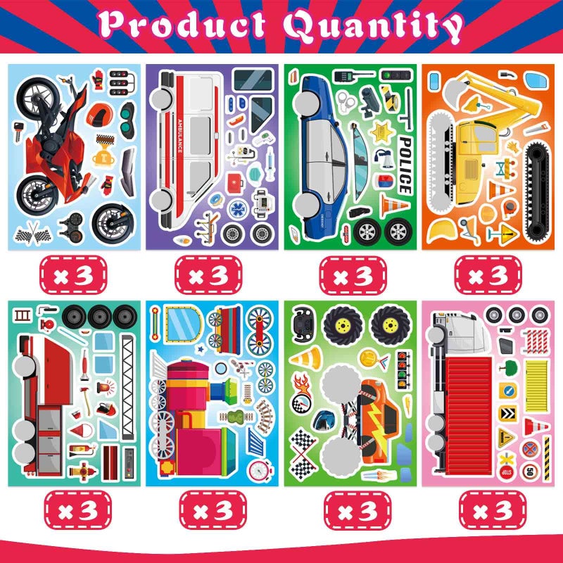 DUJAA 24 Sheets Vehicle Stickers for Kids, Make Your Own Police Car, Ambulance, Truck, Train, Motorcycles Engineering Vehicle Stickers for Toddlers, Brithday Party Supplies Classroom Teacher Reward - Image 2